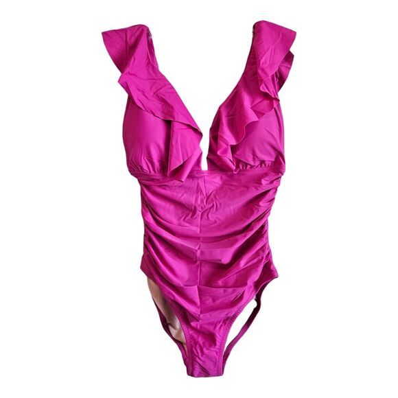 J. Crew Women's 8 Swimsuit 1 Piece V-Neck Ruffled Ruched Radiant Fuchsia NEW NWT - Picture 1 of 8